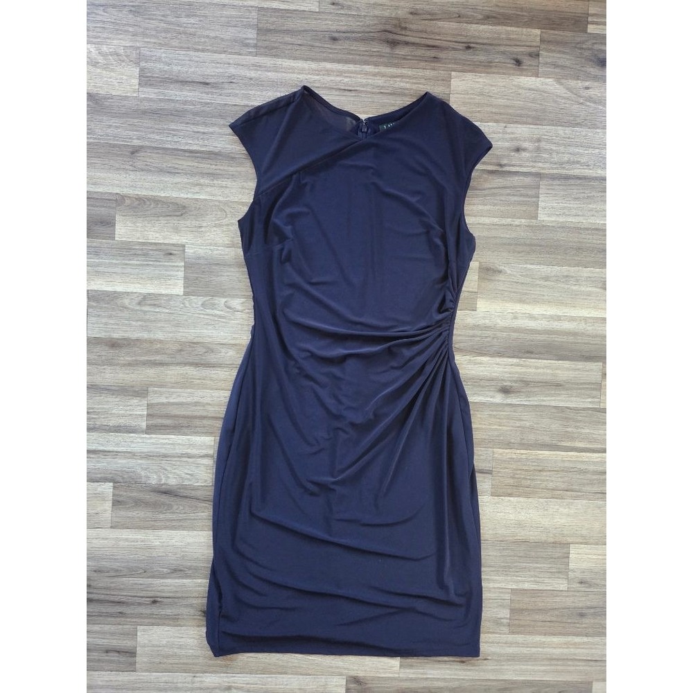 Lauren Ralph Lauren Navy Ruched Sheath Dress 12 Mesh Shoulder Cocktail Minimal